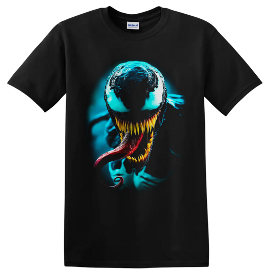 Venom symbiote portrait with cyan glow, sharp golden teeth, and red tongue on a Black T Shirt