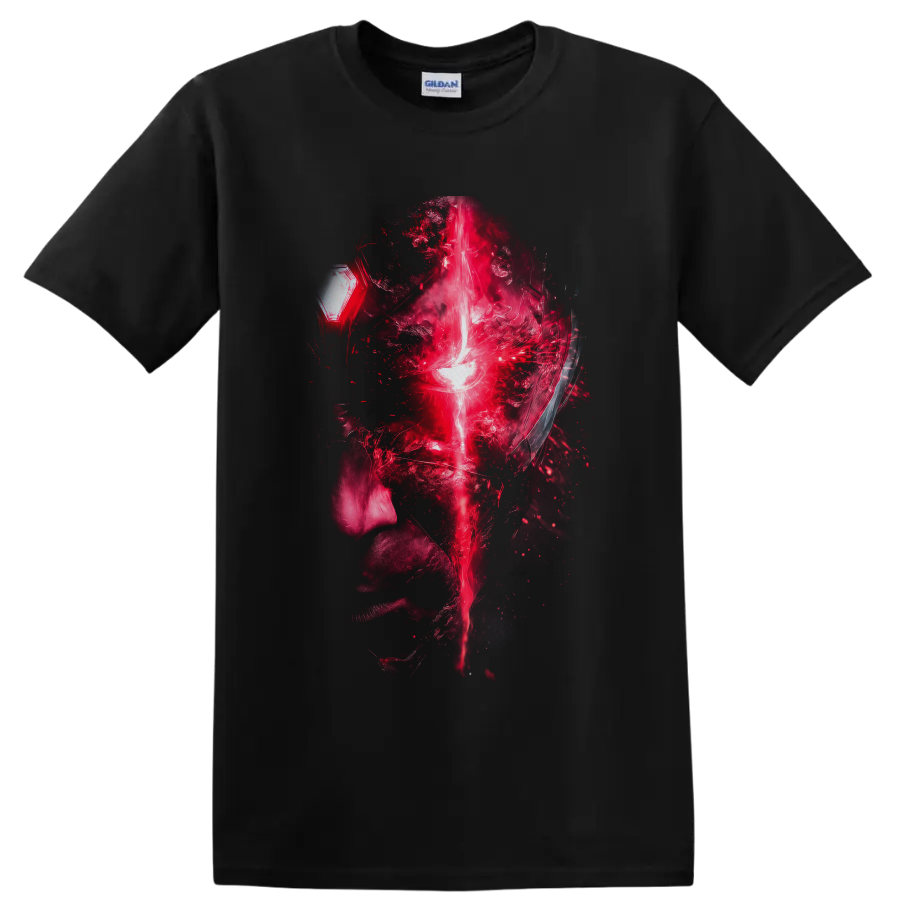 Vision abstract digital portrait with glowing forehead beam and fractured red particle on a Black T Shirt
