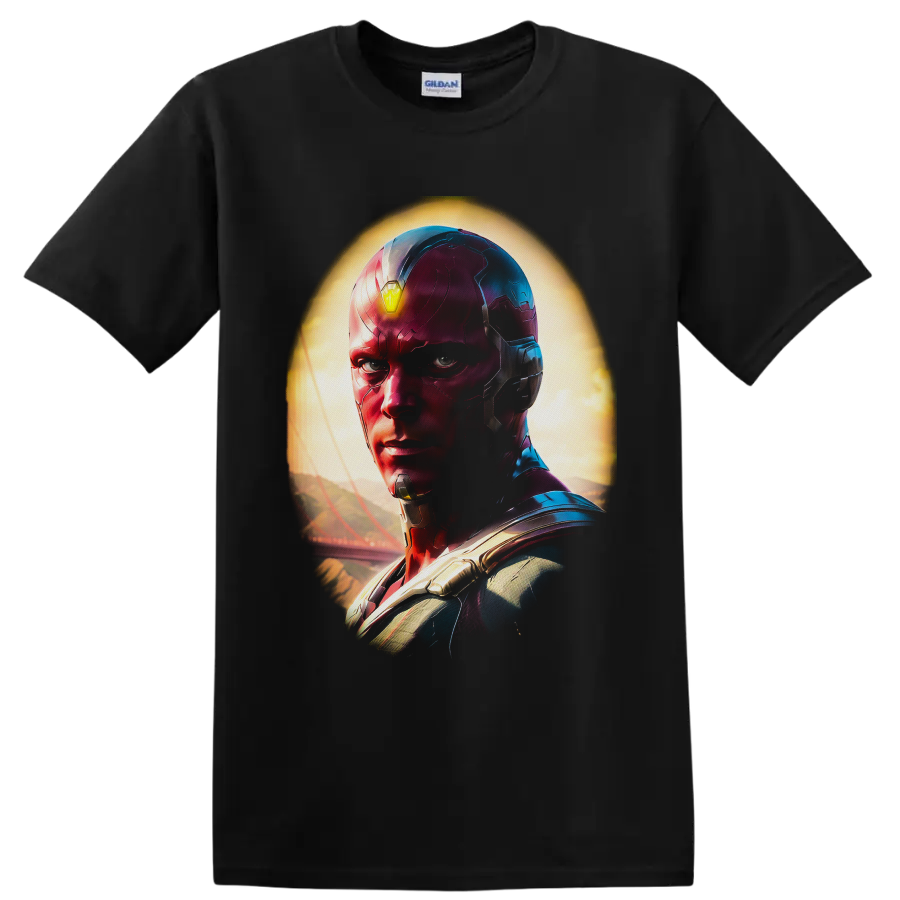 Vision portrait in metallic red and blue armor with glowing yellow forehead gem on a Black T Shirt