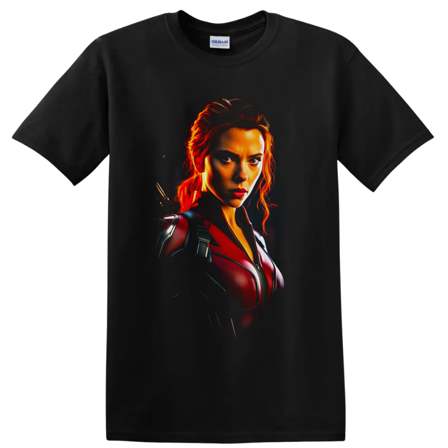Black Widow Natasha Romanoff cinematic portrait with fiery red tactical suit on a Black T Shirt