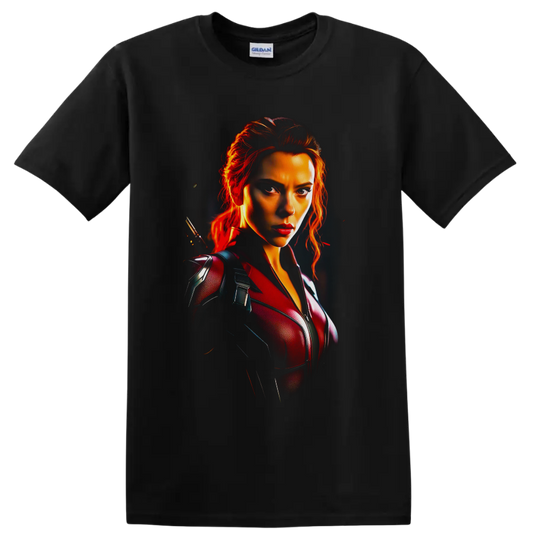 Black Widow Natasha Romanoff cinematic portrait with fiery red tactical suit on a Black T Shirt