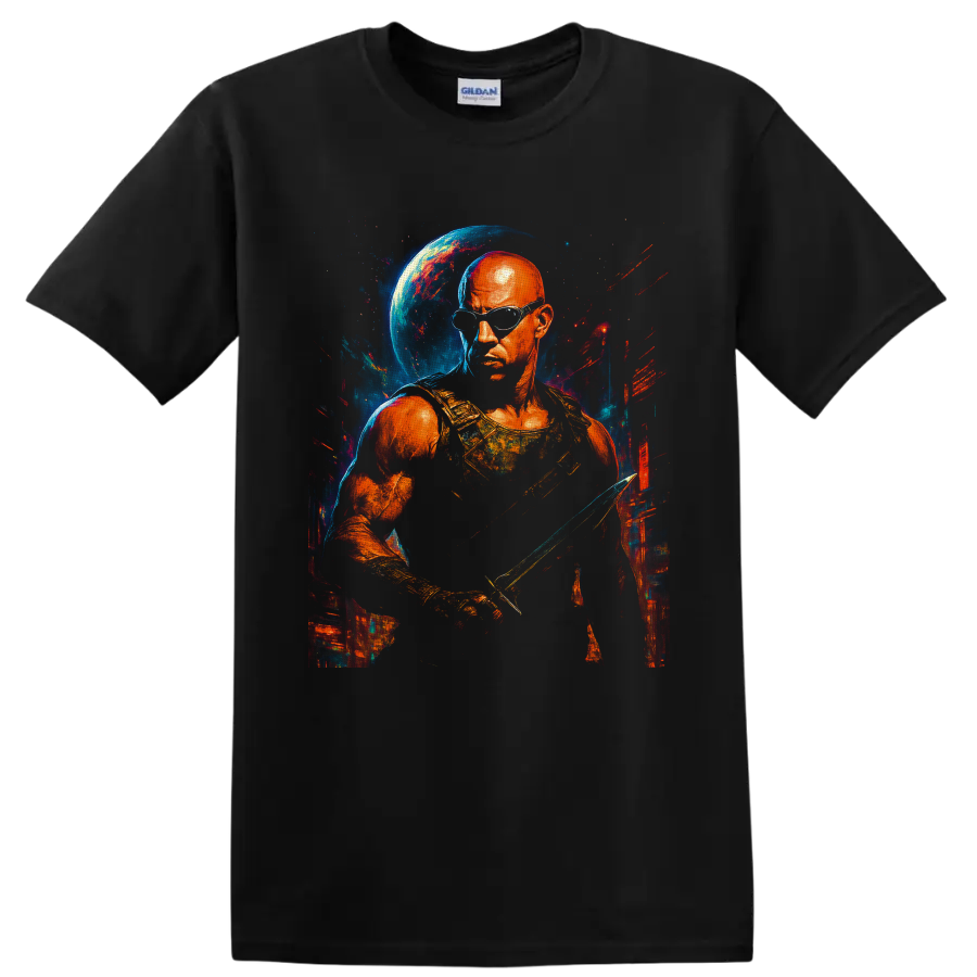 Riddick cosmic warrior portrait with goggles, blade, blue planet, and painted space on a Black T Shirt