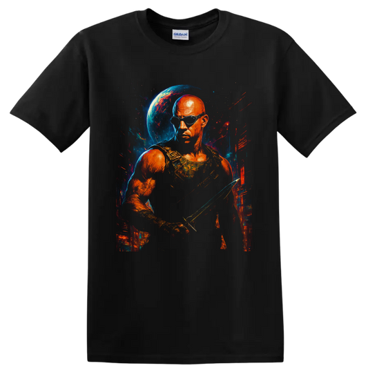 Riddick cosmic warrior portrait with goggles, blade, blue planet, and painted space on a Black T Shirt