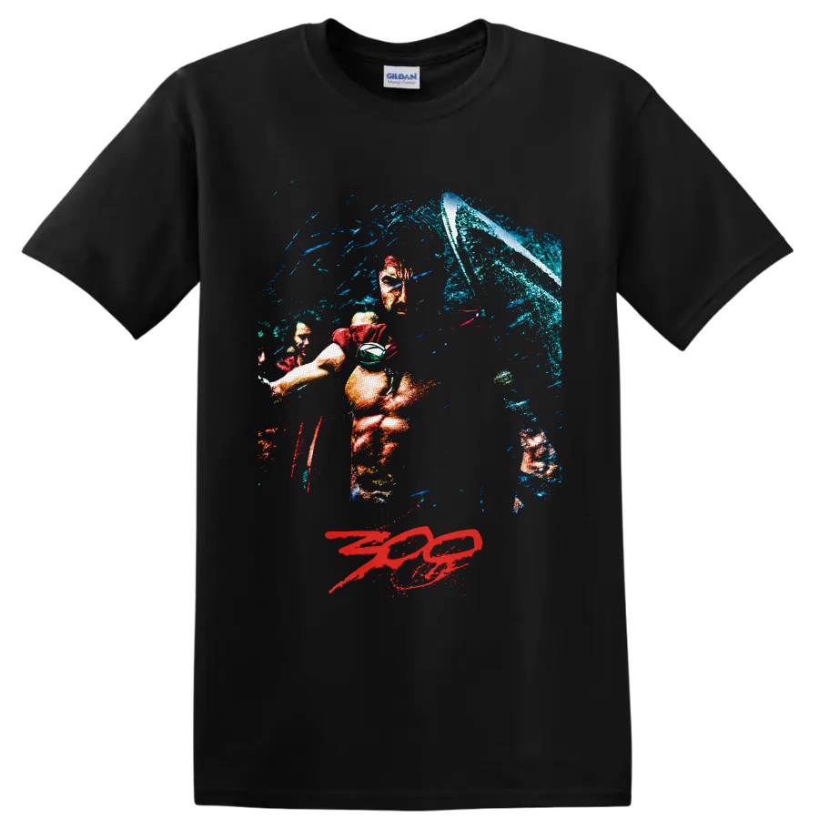 Leonidas Spartan warrior battle scene with shield, crashing wave, and red 300 logo on a Black T Shirt