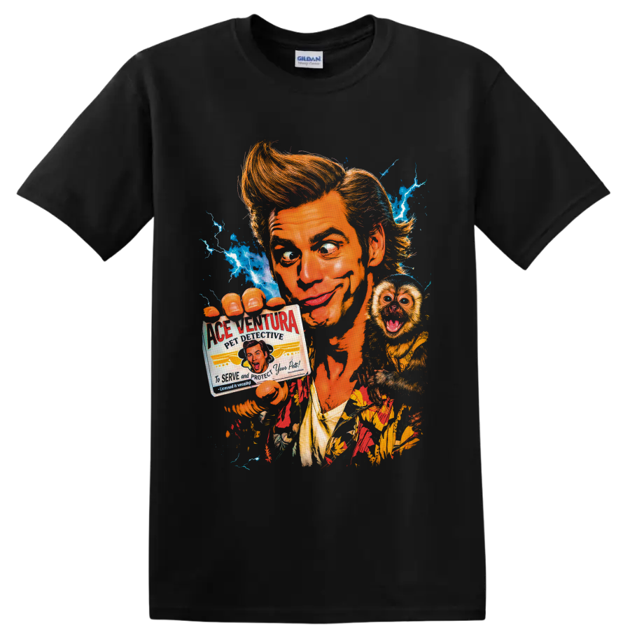 Ace Ventura retro portrait with monkey, detective credential, and blue lightning on a Black T Shirt