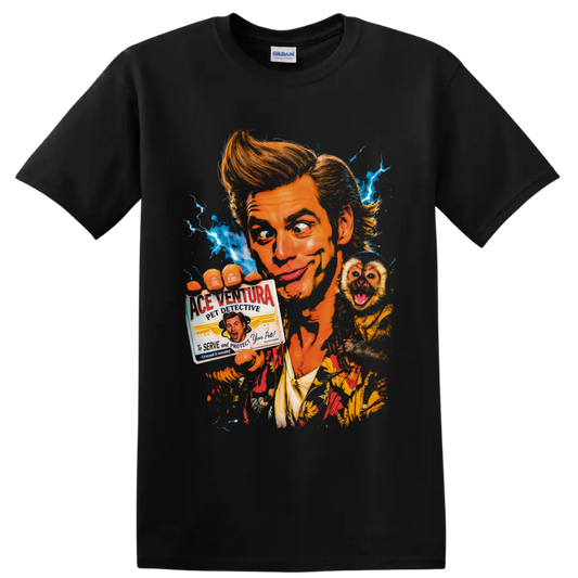 Ace Ventura retro portrait with monkey, detective credential, and blue lightning on a Black T Shirt