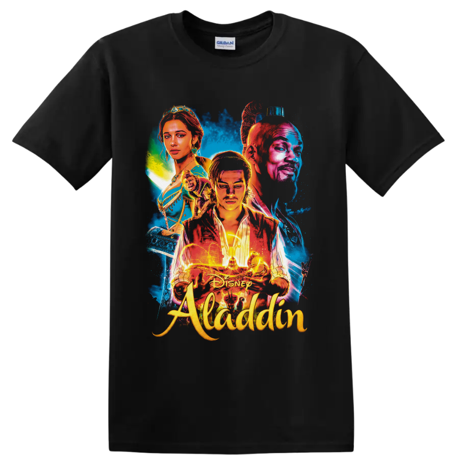 Aladdin, Jasmine and Genie neon portrait with magic lamp and flying carpet on a Black T Shirt