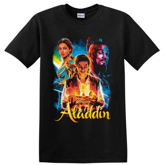 Aladdin, Jasmine and Genie neon portrait with magic lamp and flying carpet on a Black T Shirt