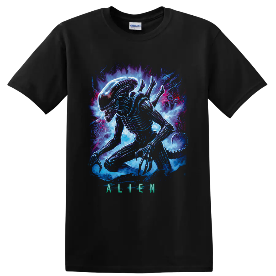 Neon Xenomorph from Alien crouching amid blue, purple, and magenta cosmic smoke on a Black T Shirt