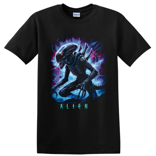 Neon Xenomorph from Alien crouching amid blue, purple, and magenta cosmic smoke on a Black T Shirt