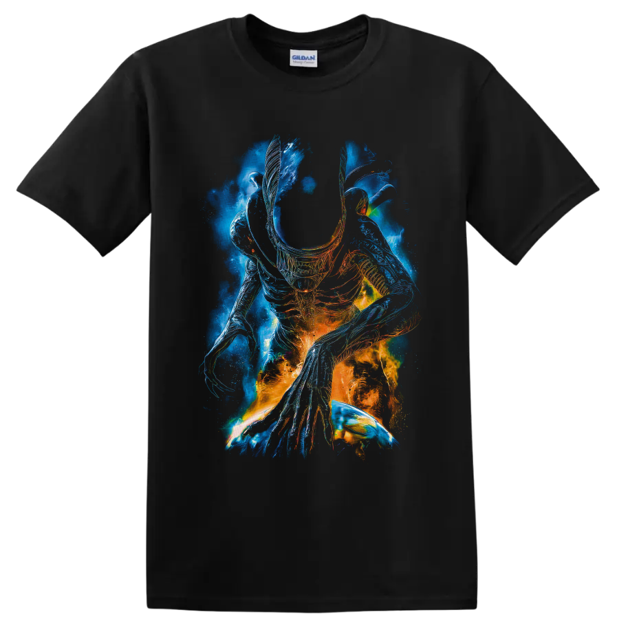 Surreal neon Xenomorph from Alien with blue and orange biomechanical linework on a Black T Shirt