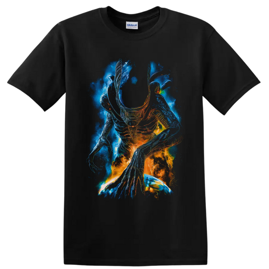 Surreal neon Xenomorph from Alien with blue and orange biomechanical linework on a Black T Shirt
