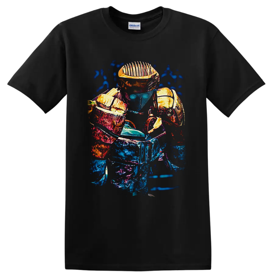 Atom from Real Steel robot boxer in neon blue, magenta, and gold sci-fi graphic art on a Black T Shirt