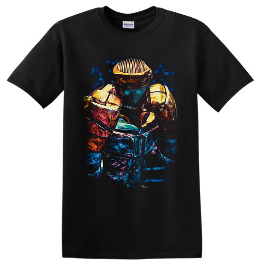 Atom from Real Steel robot boxer in neon blue, magenta, and gold sci-fi graphic art on a Black T Shirt