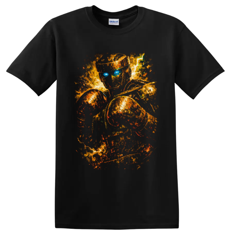 Atom from Real Steel in fiery metallic robot boxing action art with glowing blue eyes on a Black T Shirt