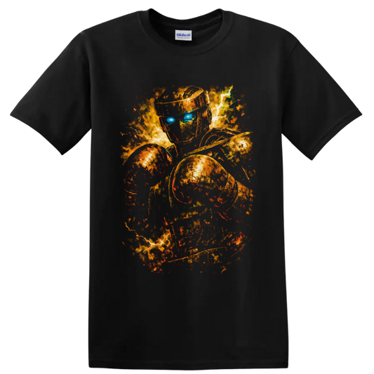 Atom from Real Steel in fiery metallic robot boxing action art with glowing blue eyes on a Black T Shirt