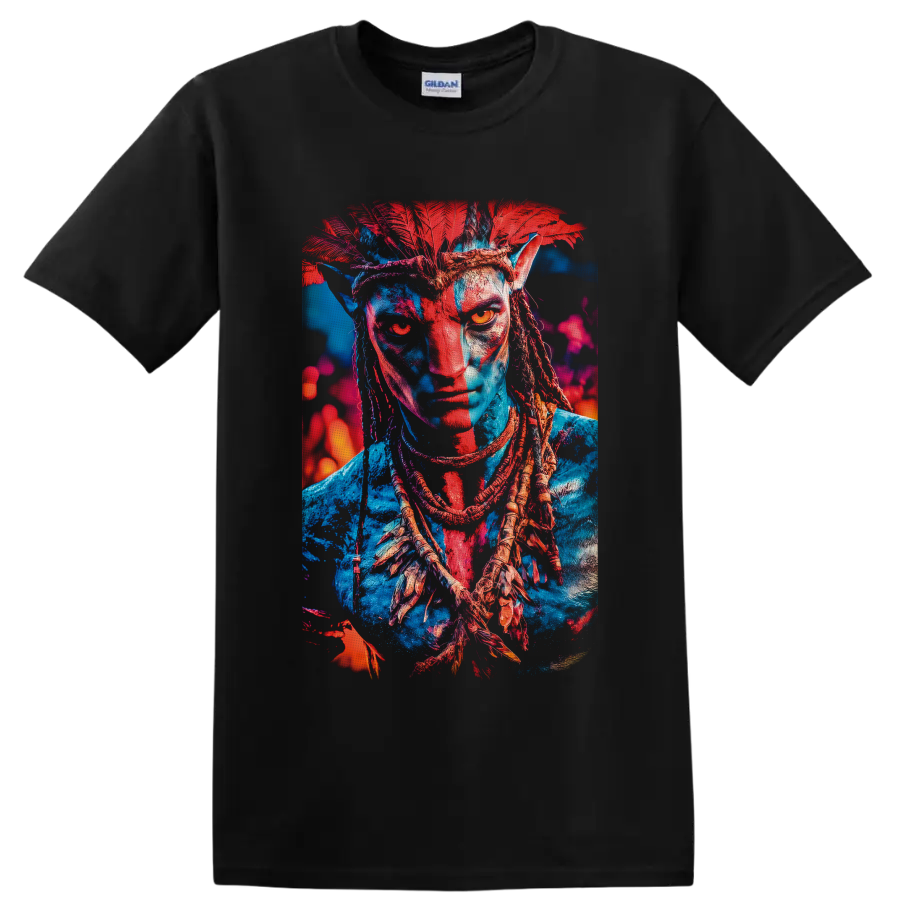 Neon Avatar Na'vi warrior portrait with red feather headdress and braided hair on a Black T Shirt