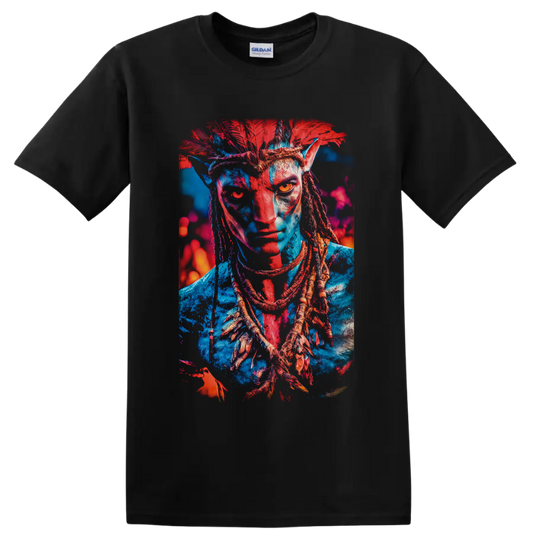 Neon Avatar Na'vi warrior portrait with red feather headdress and braided hair on a Black T Shirt