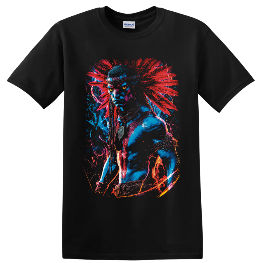 Neytiri Avatar neon warrior portrait with red feather-like accents and glowing linework on a Black T Shirt