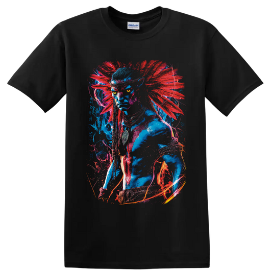 Neytiri Avatar neon warrior portrait with red feather-like accents and glowing linework on a Black T Shirt
