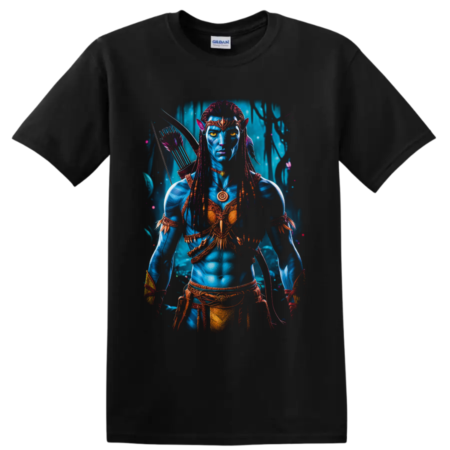 Neytiri Avatar Na'vi warrior archer portrait with glowing forest backdrop on a Black T Shirt