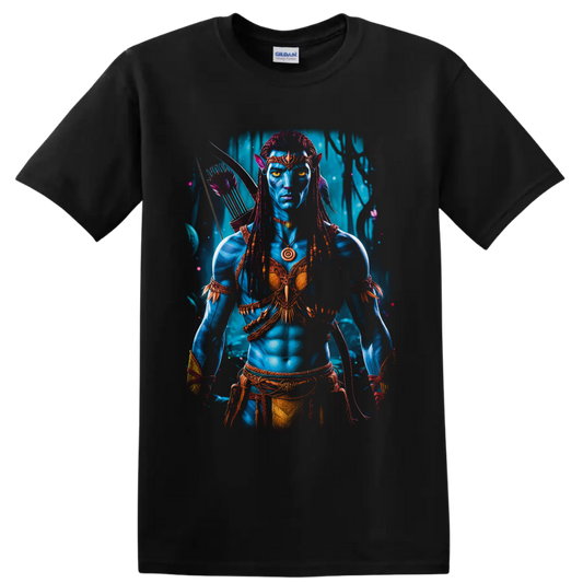 Neytiri Avatar Na'vi warrior archer portrait with glowing forest backdrop on a Black T Shirt
