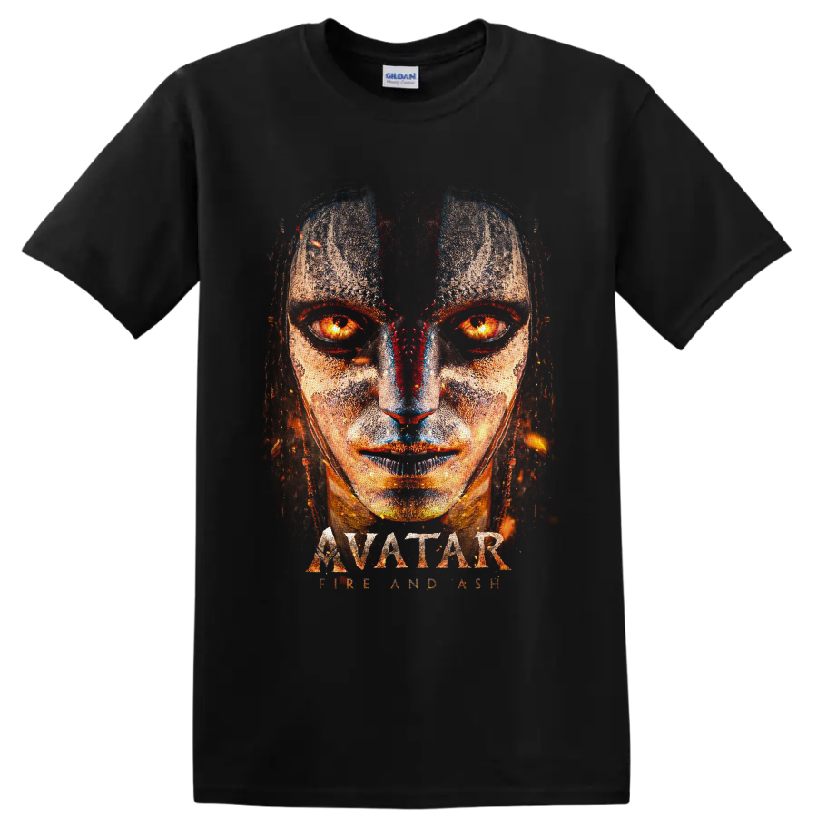 Varang fiery-eyed distressed portrait with Avatar Fire and Ash lettering on a Black T Shirt