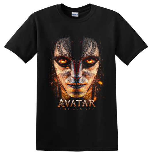 Varang fiery-eyed distressed portrait with Avatar Fire and Ash lettering on a Black T Shirt