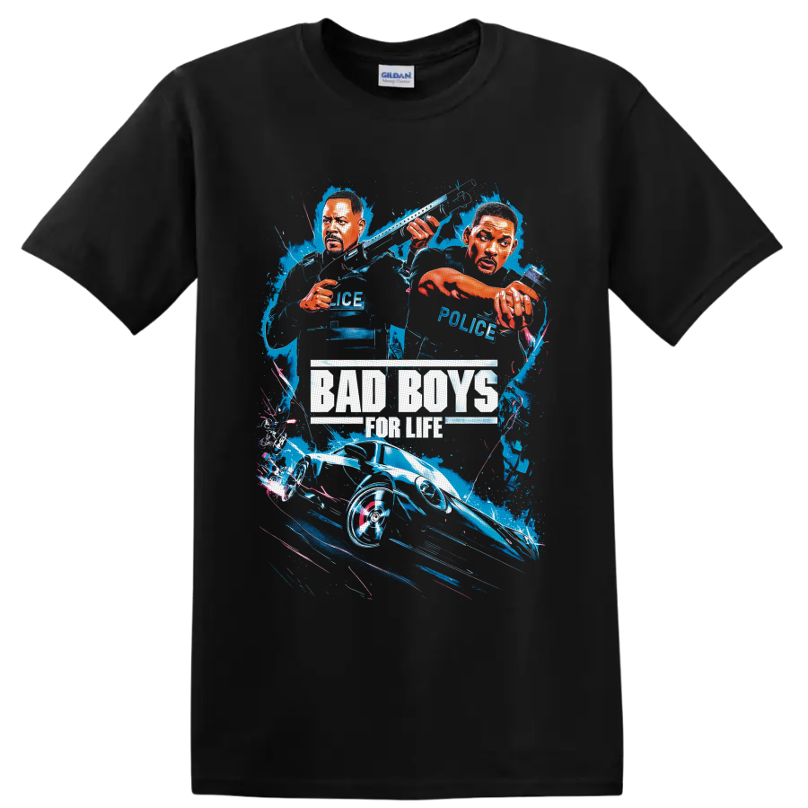 Bad Boys for Life illustrated Will Smith and Martin Lawrence police car splash graphic on a Black T Shirt
