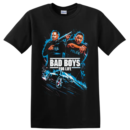 Bad Boys for Life illustrated Will Smith and Martin Lawrence police car splash graphic on a Black T Shirt
