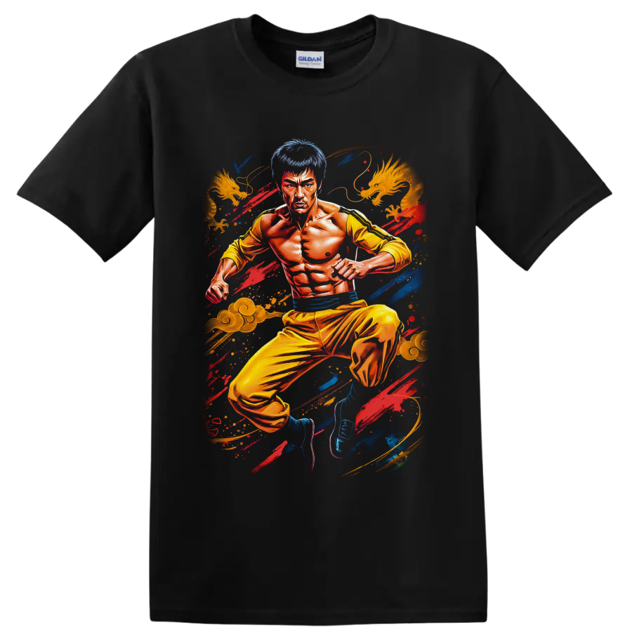Bruce Lee Game of Death yellow jumpsuit fighter with dragons and colorful brushstrokes on a Black T Shirt