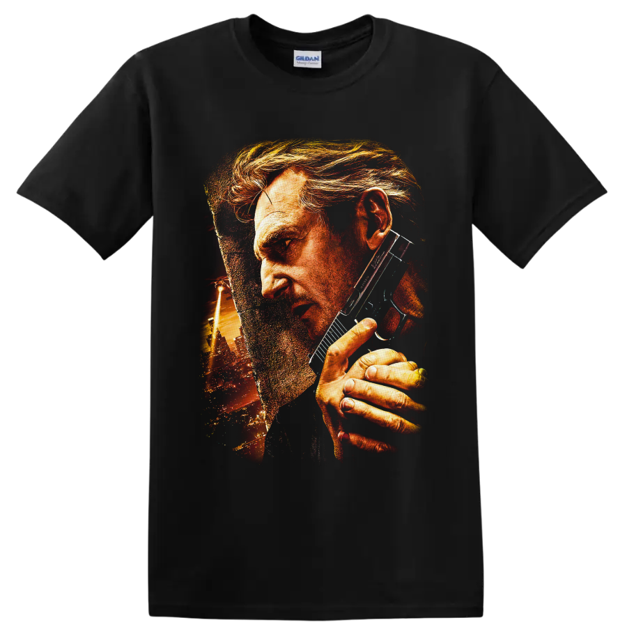 Travis Bickle gritty portrait with sunglasses and glowing urban skyline artwork on a Black T Shirt