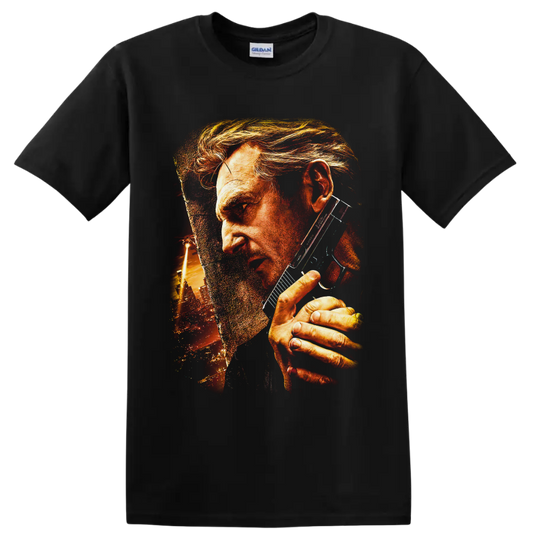 Travis Bickle gritty portrait with sunglasses and glowing urban skyline artwork on a Black T Shirt