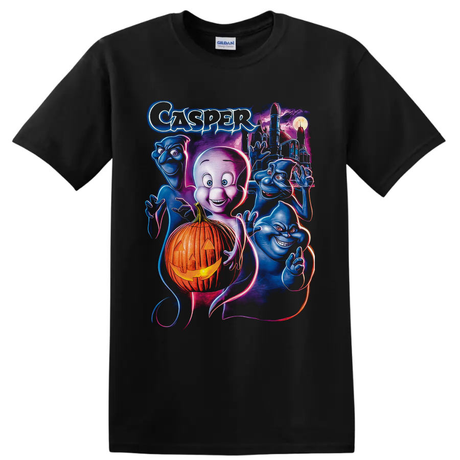 Casper the Friendly Ghost neon art with pumpkin, blue ghosts, moonlit castle, and moon on a Black T Shirt