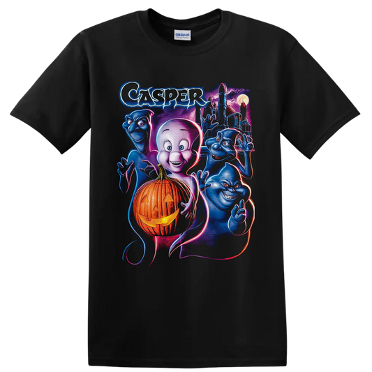 Casper the Friendly Ghost neon art with pumpkin, blue ghosts, moonlit castle, and moon on a Black T Shirt
