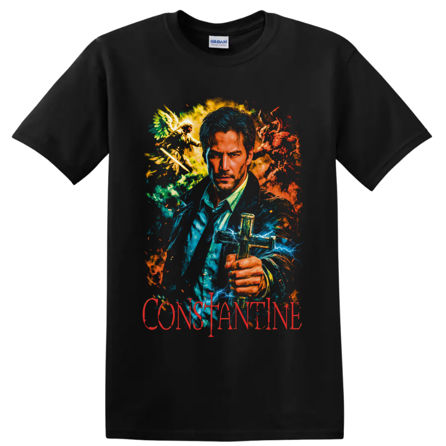 John Constantine portrait with blue lightning, flames, winged figures, and red on a Black T Shirt
