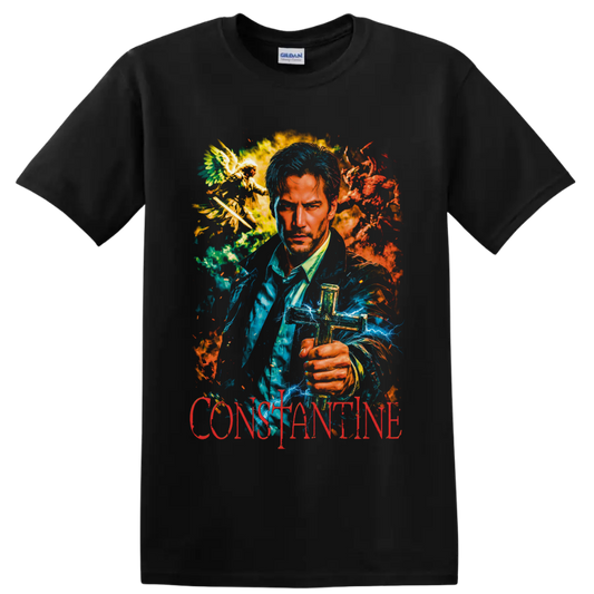 John Constantine portrait with blue lightning, flames, winged figures, and red on a Black T Shirt