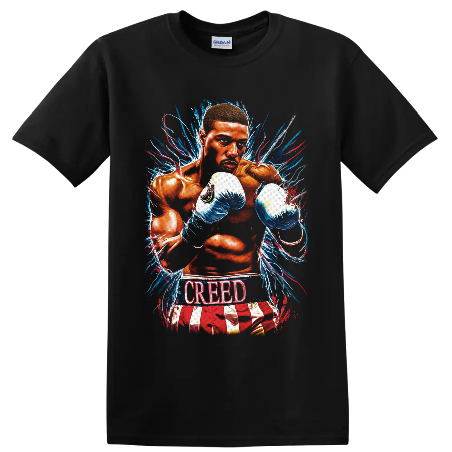 Adonis Creed boxing illustration with blue gloves, paint bursts, and CREED text on a Black T Shirt