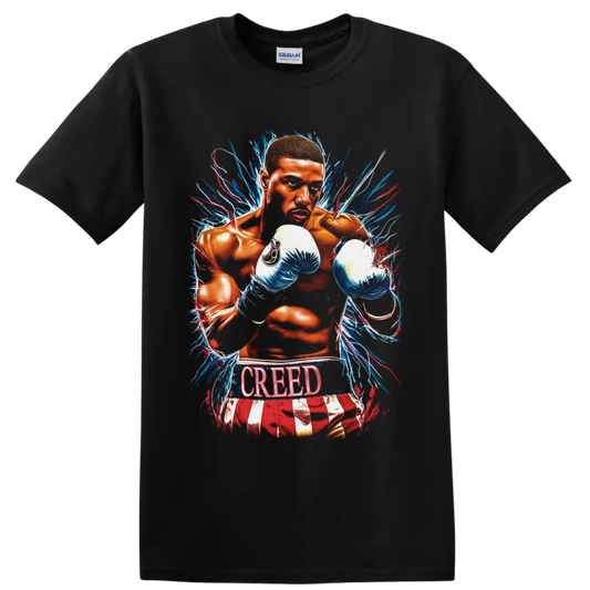 Adonis Creed boxing illustration with blue gloves, paint bursts, and CREED text on a Black T Shirt