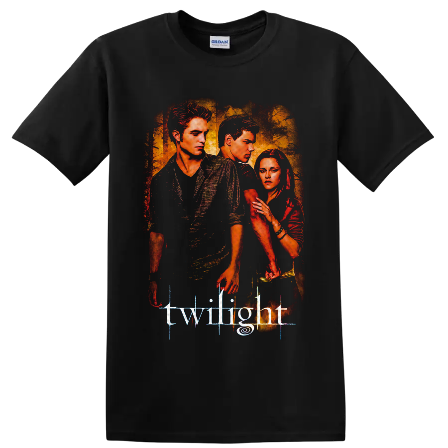 Twilight portrait graphic of Edward Cullen, Jacob Black, and Bella Swan on a Black T Shirt