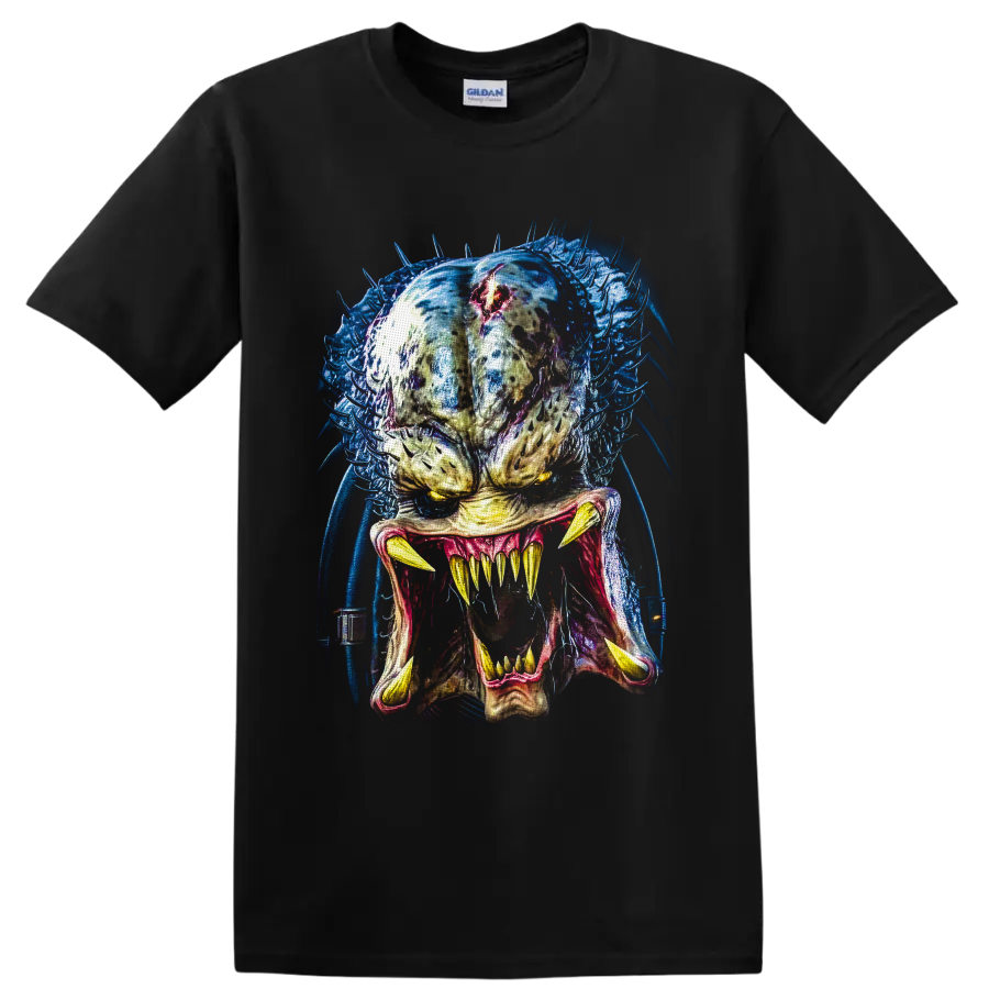 Predator alien hunter portrait with fangs, blue tendrils, and red forehead detail on a Black T Shirt