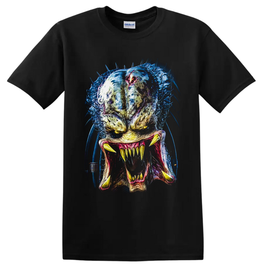 Predator alien hunter portrait with fangs, blue tendrils, and red forehead detail on a Black T Shirt