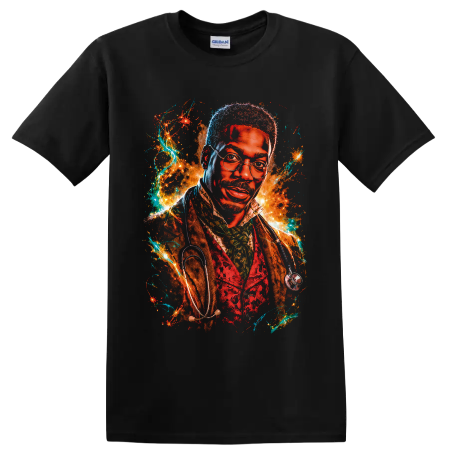 Dr. Dolittle fantasy doctor portrait with glasses, stethoscope, sparks, and teal energy on a Black T Shirt