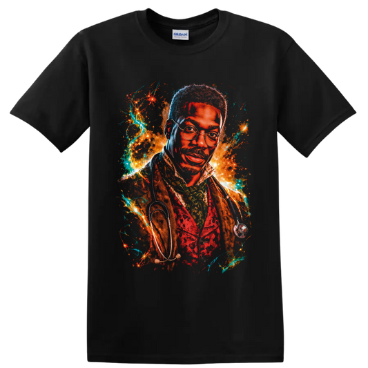 Dr. Dolittle fantasy doctor portrait with glasses, stethoscope, sparks, and teal energy on a Black T Shirt