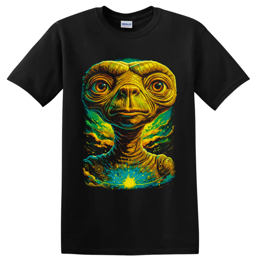 E.T. psychedelic portrait with teal, yellow, and green cosmic paint splashes on a Black T Shirt