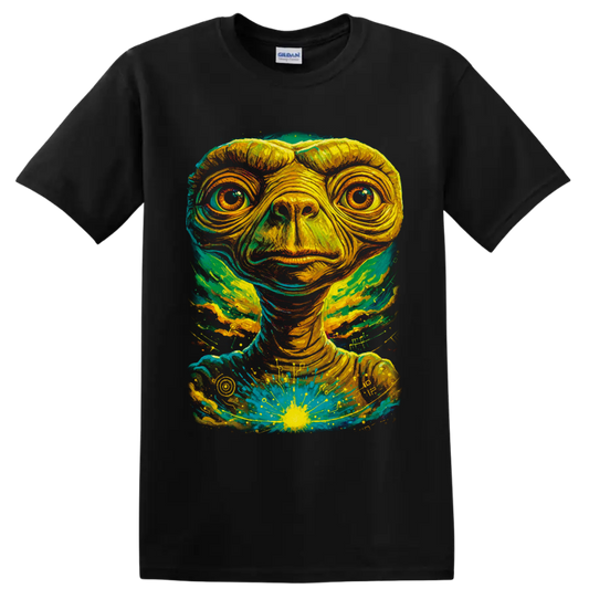 E.T. psychedelic portrait with teal, yellow, and green cosmic paint splashes on a Black T Shirt