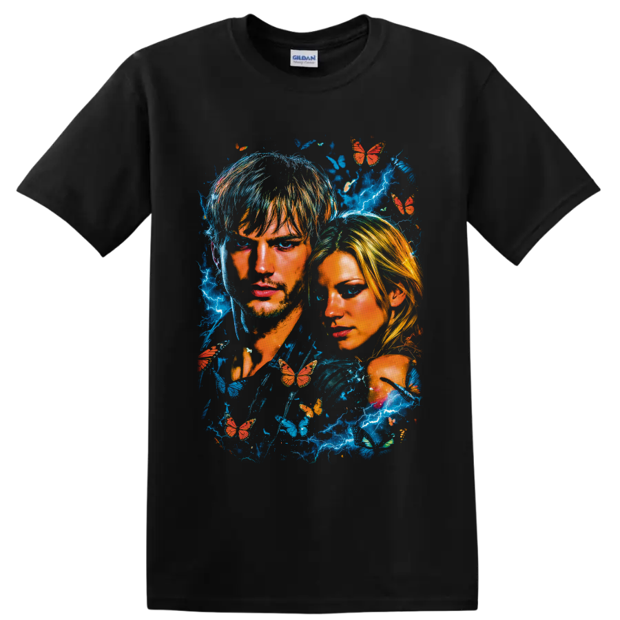 The Butterfly Effect dual portrait with blue lightning and orange butterflies on a Black T Shirt