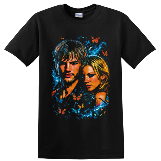 The Butterfly Effect dual portrait with blue lightning and orange butterflies on a Black T Shirt