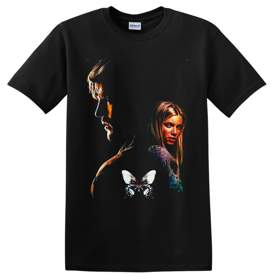 The Butterfly Effect surreal woman portrait with flowing strands and detailed butterfly on a Black T Shirt