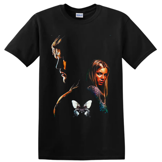 The Butterfly Effect surreal woman portrait with flowing strands and detailed butterfly on a Black T Shirt